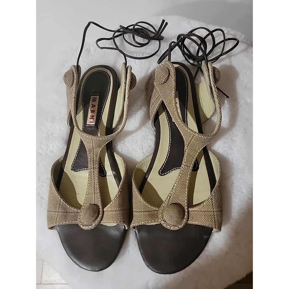 MARNI Sandal Flat Lace Up Gladiator Open Toe Canvas-leather Taupe US 5.5 It 36